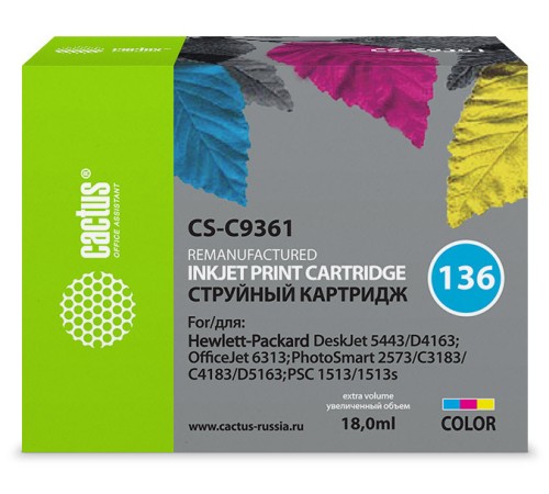 Картридж струйный Cactus CS-C9361 №136 многоцветный (18мл) для HP DJ 5443/D4163/DJ 6313/PS 2573/C3183/C4183/D5163/1513/1513s