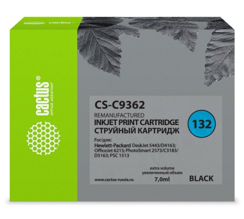Картридж струйный Cactus CS-C9362 №132 черный (7мл) для HP DJ 5443/D4163/DJ 6215/PS 2573/C3183/D5163/PSC 1513