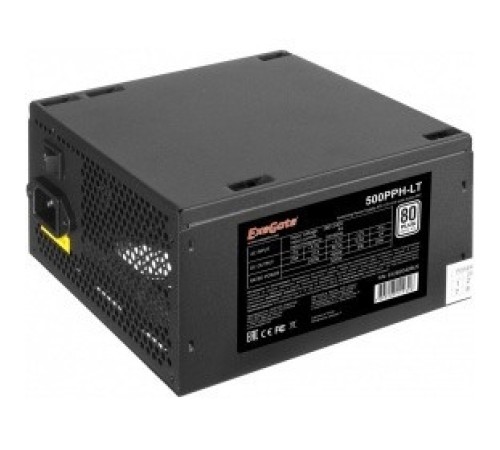 Блок питания 500W ExeGate 500PPH-LT-S, RTL, 80+, ATX, black, APFC, 12cm, 24p, (4+4)p, 5*SATA, 3*IDE, с защитой от выдергивания