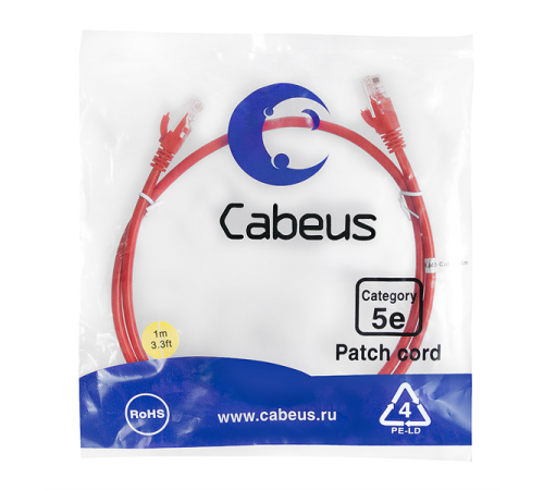 Шнур комм. Cabeus, кат. 5е, неэкр., U/UTP, RJ45/RJ45, LSZH, AWG24, 1м, красный