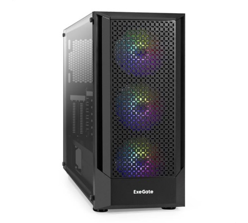 Exegate EX295765RUS Корпус Miditower ExeGate EVO-8227 (ATX, без БП, 2*USB+1*USB3.0+HD Audio, черный, 3 вент. с RGB подсветкой, боковая панель - закаленное стекло)
