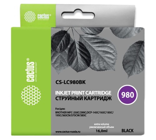 Картридж струйный Cactus CS-LC980BK черный (16мл) для Brother DCP-145C/165C/MFC-250C/290C