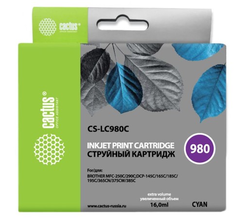Картридж струйный Cactus CS-LC980C голубой (16мл) для Brother DCP-145C/165C/MFC-250C/290C