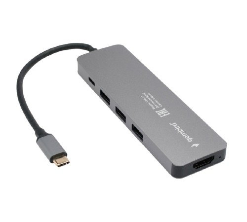 Док-станция Type-C Gembird UHB-D1, 5в1: 3хUSB3.1, Type-C PD100W, HDMI, кабель 17см, алюминий