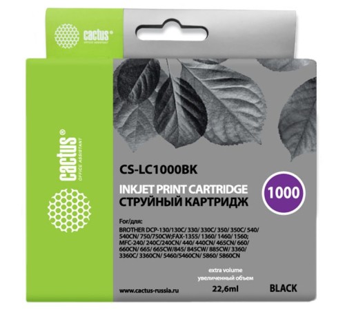 Картридж струйный Cactus CS-LC1000BK черный (22.6мл) для Brother DCP 130C/330С/MFC-240C/5460CN