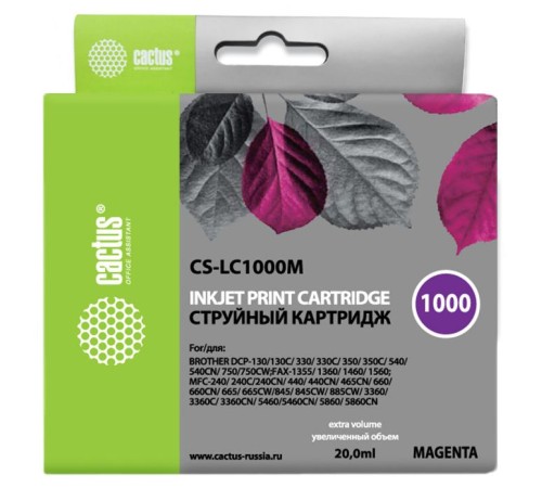 Картридж струйный Cactus CS-LC1000M пурпурный (20мл) для Brother DCP 130C/330С/MFC-240C/5460CN