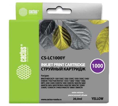 Картридж струйный Cactus CS-LC1000Y желтый (20мл) для Brother DCP 130C/330С/MFC-240C/5460CN