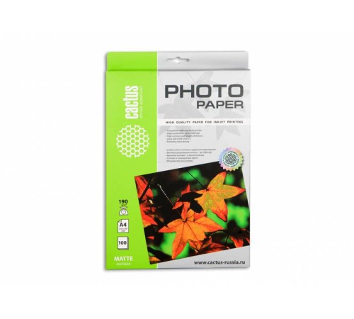 Фотобумага Cactus CS-MA4190100 A4/190г/м2/100л./белый матовое для струйной печати Фотобумага Cactus CS-MA4190100 A4/190г/м2/100л./белый матовое для струйной печати