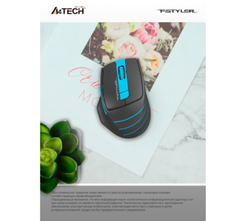 Мышь беспроводная A4Tech Fstyler FG30S grey/blue (USB, оптическая, 2000dpi, 6but, silent) (FG30S BLUE)