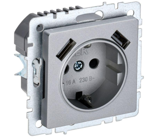 Розетка BRITE РЮш10-1-БрА 16А с USB A+A 2.1А с заземл. защ. шторки алюм. IEK BR-R14-16-U21-D21-K47