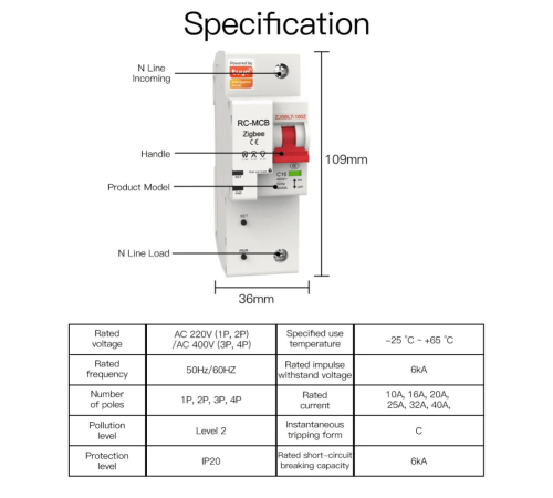 Выключатель MOES Zigbee circuit breaker 1P 10A ZCB-SC-1P10