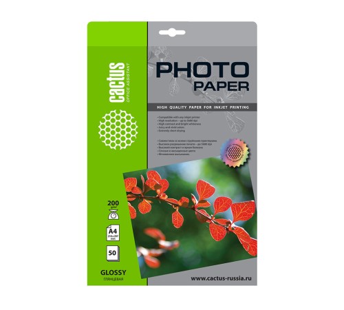 Фотобумага Cactus CS-GA420050 A4/200г/м2/50л./белый глянцевое для струйной печати Фотобумага Cactus CS-GA420050 A4/200г/м2/50л./белый глянцевое для струйной печати