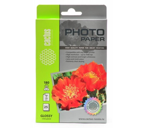 Фотобумага Cactus CS-GA618025 10x15/180г/м2/25л./белый глянцевое для струйной печати Фотобумага Cactus CS-GA618025 10x15/180г/м2/25л./белый глянцевое для струйной печати