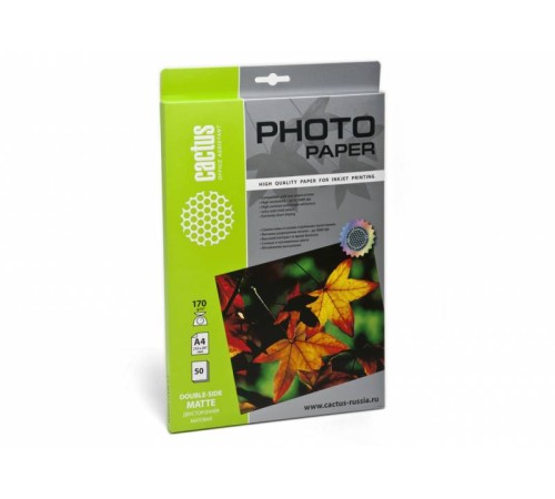Фотобумага Cactus CS-MA417050DS A4/170г/м2/50л./белый матовое/матовое для струйной печати Фотобумага Cactus CS-MA417050DS A4/170г/м2/50л./белый матовое/матовое для струйной печати