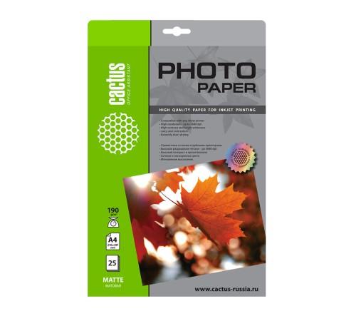 Фотобумага Cactus CS-MA419025 A4/190г/м2/25л./белый матовое для струйной печати Фотобумага Cactus CS-MA419025 A4/190г/м2/25л./белый матовое для струйной печати
