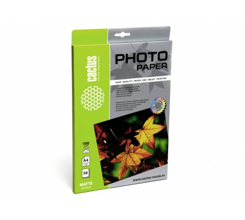 Фотобумага Cactus CS-MA419050 A4/190г/м2/50л./белый матовое для струйной печати Фотобумага Cactus CS-MA419050 A4/190г/м2/50л./белый матовое для струйной печати