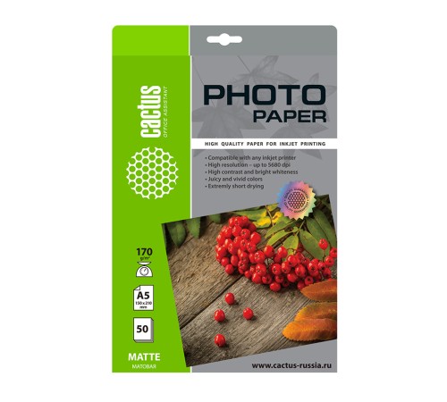 Фотобумага Cactus CS-MA517050 A5/170г/м2/50л./белый матовое для струйной печати Фотобумага Cactus CS-MA517050 A5/170г/м2/50л./белый матовое для струйной печати
