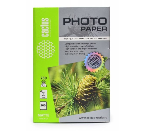 Фотобумага Cactus CS-MA6230500 10x15/230г/м2/500л./белый матовое для струйной печати Фотобумага Cactus CS-MA6230500 10x15/230г/м2/500л./белый матовое для струйной печати