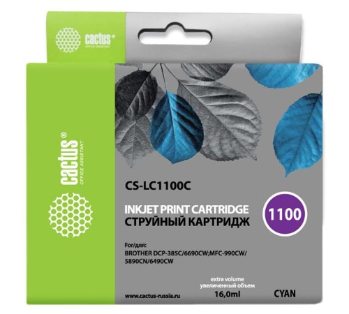 Картридж струйный Cactus CS-LC1100C голубой (16мл) для Brother DCP-385c/6690cw/MFC-990/5890/5895/6490