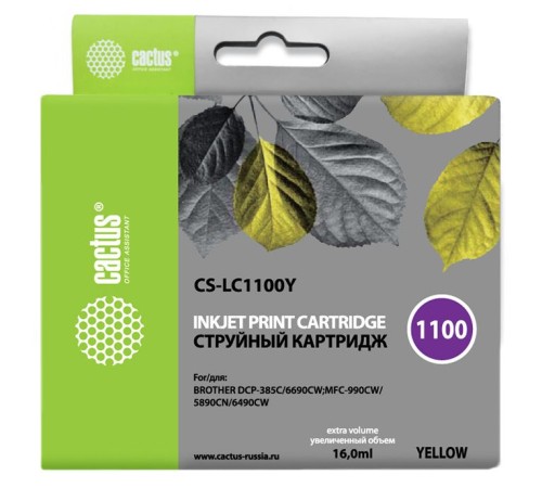 Картридж струйный Cactus CS-LC1100Y желтый (16мл) для Brother DCP-385c/6690cw/MFC-990/5890/5895/6490