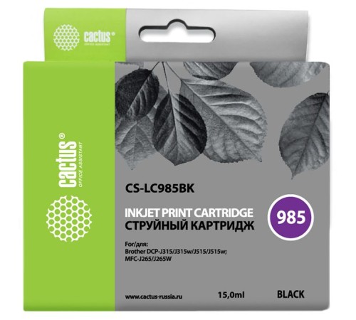 Картридж струйный Cactus CS-LC985BK черный (15мл) для Brother DCPJ315W/DCPJ515W/MFCJ265W