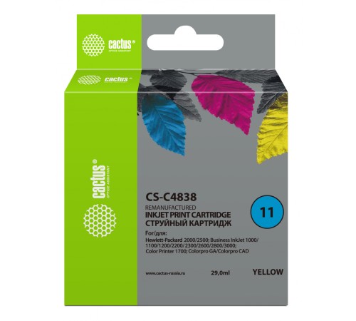 Картридж струйный Cactus CS-C4838 №11 желтый (29мл) для HP BIJ 1000/1100/1200/2200/2300/2600/2800