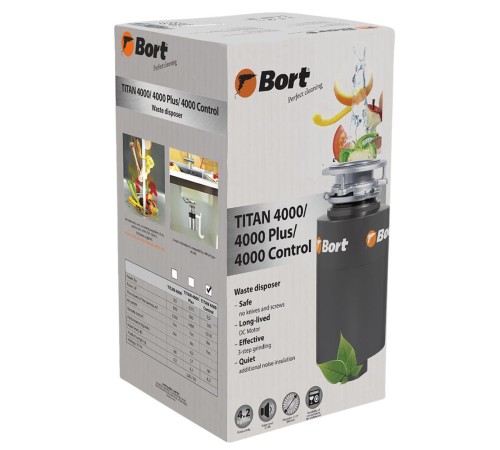 Bort Измельчитель пищевых отходов TITAN 4000 (Control) {Мощность л.с. 0,75 ; 560 Вт; 4,2 кг/мин; 3200 об/мин; 1400 мл; Металл ;набор аксессуаров 5 шт} [93410242]