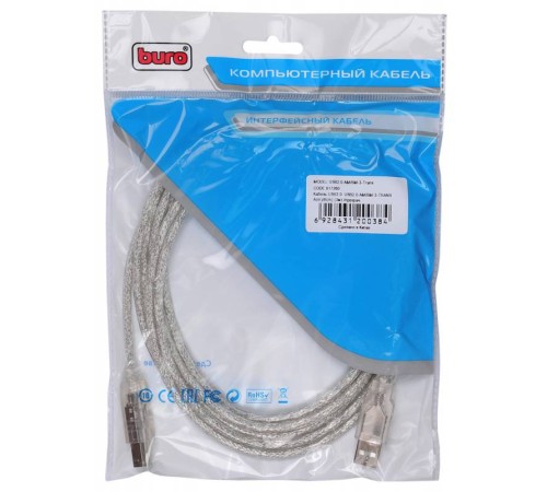 Кабель Buro USB2.0-AM/BM-3-TRANS USB A(m) USB B(m) 3м прозрачный Кабель Buro USB2.0-AM/BM-3-TRANS USB A(m) USB B(m) 3м прозрачный