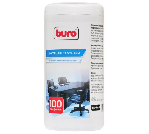 Салфетки Buro BU-Tsurl для пластиковых поверхностей и офисной мебели туба 100шт влажных
