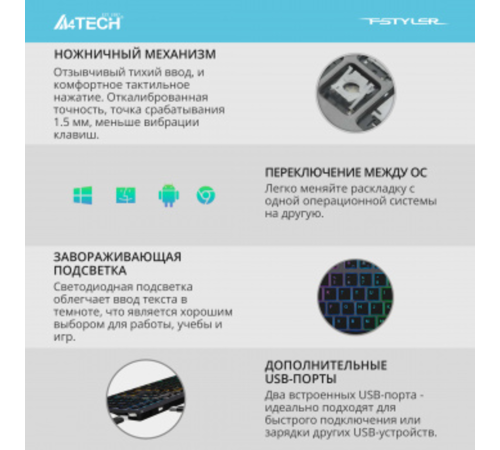 Клавиатура A4Tech Fstyler FX60H серый USB slim LED (FX60H GREY/NEON) [FX60H GREY/NEON]