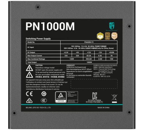 Deepcool GAMERSTORM PN1000M (ATX 3.1, 1000W, Full Cable Management, PWM 120mm fan, Active PFC, 80+ GOLD, Gen5 PCIe) RET