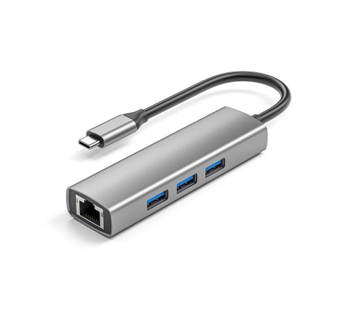 ORIENT JK-341N, Type-C разветвитель-сетевая карта USB 3.2 Gen1 (5 Гбит/c), порты: 3xUSB-A + RJ45 Gigabit Ethernet, RTL8153, 100/1000 Мбит/с, кабель USB Type-C, алюминиевый корпус, серебристый (33309)