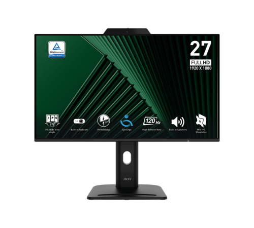 Монитор MSI PRO MP272PMG 27" 16:9 FHD(1920x1080) IPS Flat,Webcam,4ms(GTG),1000:1,100M:1,300nit,1xHDMI,1xDP,1xVGA,1xUSB-A,1xUSB-B,Speaker,Tilt,Swivel,Height,Pivot,VESA,120Hz,Black,1y war-ty