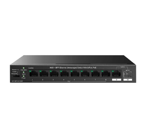 IP-COM G1110PF-8-120W Коммутатор неуправляемый PoE, 10 портов, 9x1 Гбит/с, SFP 1х1 Гбит/с, PoE 8х30 Вт (до 102 Вт), настольный IP-COM G1110PF-8-120W Коммутатор неуправляемый PoE, 10 портов, 9x1 Гбит/с, SFP 1х1 Гбит/с, PoE 8х30 Вт (до 102 Вт), настольный