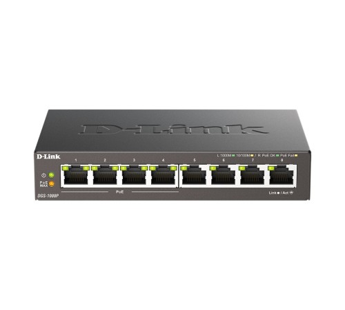 D-Link DGS-1008P/F3A Неуправляемый коммутатор с 8 портами 10/100/1000Base-T (4 порта PoE 802.3af/at, PoE-бюджет 60 Вт)