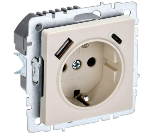 Розетка BRITE РЮш11-1-БрКр 16А с USB A+C 18Вт с заземл. защ. шторки беж. IEK BR-R14-16-U22-018-K10