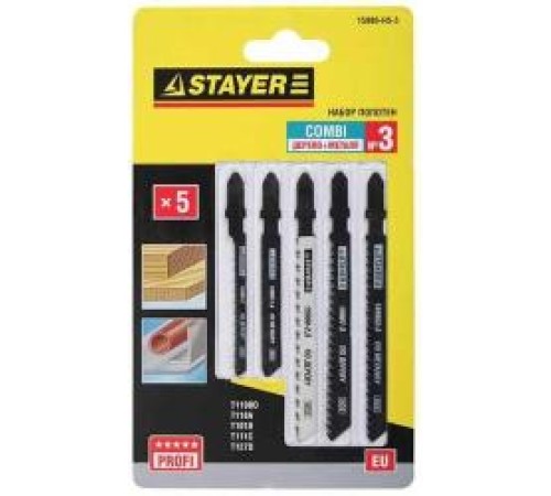 STAYER Набор Пилки "УНИВЕРСАЛ №3" (15980-H5-3) для эл/лобзика, по дереву, мет. и пласт., EU-хвост., 5шт STAYER Набор Пилки "УНИВЕРСАЛ №3" (15980-H5-3) для эл/лобзика, по дереву, мет. и пласт., EU-хвост., 5шт