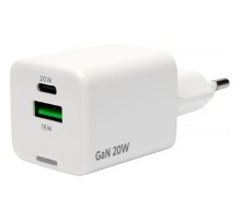 Cablexpert зарядное устройство 20Вт GaN, 3А, QC4.0/PD, 1xUSB, 1xType-C, белый, пакет (MP3A-PC-61)