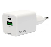 Cablexpert зарядное устройство 30Вт GaN, 3А, QC4.0/PD, 1xUSB, 1xType-C, белый, пакет (MP3A-PC-63)