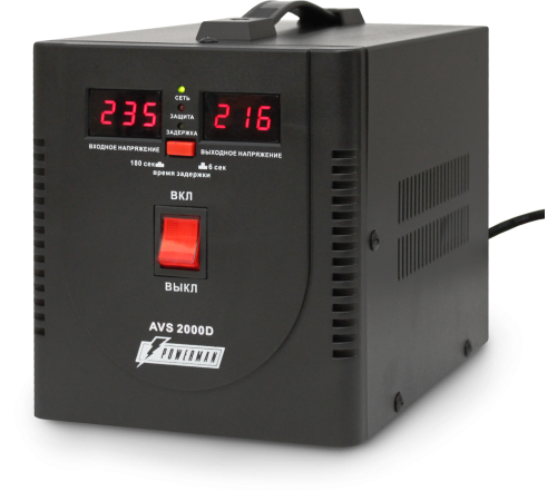 Стабилизатор POWERMAN AVS 2000D, черный, ступенчатый регулятор, цифровые индикаторы уровней напряжения, 2000ВА, 140-260В, максимальный входной ток 12А, 2 евророзетки, IP-20, напольный, 200мм х 160мм х 190мм, 4.9 кг. POWERMAN AVS 2000D (POWERMAN AVS 2000D Стабилизатор POWERMAN AVS 2000D, черный, ступенчатый регулятор, цифровые индикаторы уровней напряжения, 2000ВА, 140-260В, максимальный входной ток 12А, 2 евророзетки, IP-20, напольный, 200мм х 160мм х 190мм, 4.9 кг. POWERMAN AVS 2000D (POWERMAN AVS 2000D