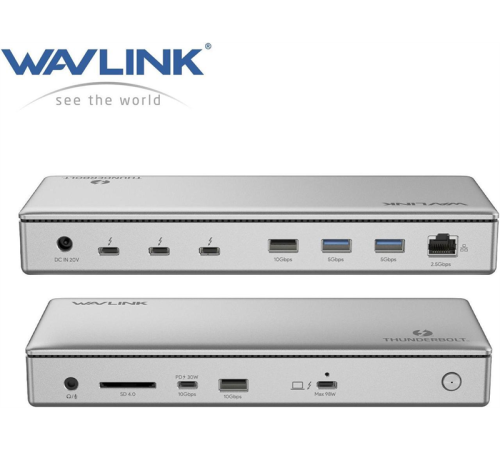 Док-станция WAVLINK Thunderbolt 4 Dual Display/98W Power Delivery Include 20V/11.5A Power Adapter/4xUSB3.0/3xThunderbolt 4/2xDP 4K 60HZ/2xHDMI 4K 60HZ/1xGigabit LAN/1xCombo Audio Jack/1xCardReader