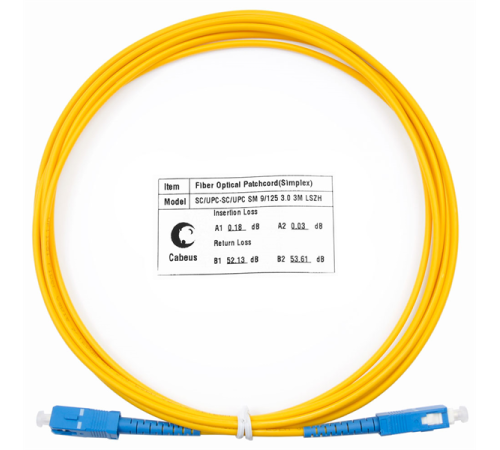 Комм. шнур оптический Cabeus Tight Buffer, Simplex SC/SC, OS2 9/125, LSZH, 3м, Ø 2мм, синий хвостовик, цвет: жёлтый
