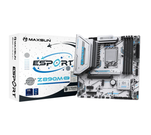 Материнская плата MAXSUN MS-eSport Z890M WIFI ICE, LGA1851, Z890, 4*DDR5, 4*SATA3, 3*M.2, USB 3.2, USB 2.0, Type-C, 1*PCIEx16, 1*PCIex4, 1*PCIex1, HDMI+DP, ATX