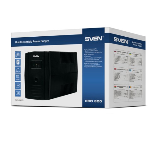 ИБП SVEN Pro 600, линейно-интерактивный, автоматический стабилизатор напряжения, 360Вт, 600Ва, 2 евророзетки, черный, габариты 100х295х145мм, 4,3кг. SVEN Pro 600 (SV-013837)