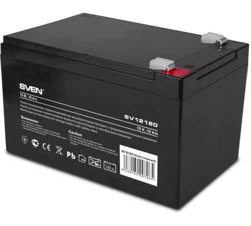 Батарея SVEN SV 12120 (12V 12Ah), напряжение 12В, емкость 12А*ч, макс. ток разряда 180А, макс. ток заряда 3.6А, свинцово-кислотная типа AGM, тип клемм F2 Sven SV-0222012
