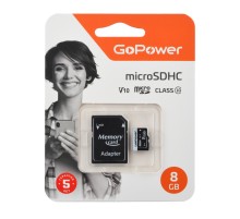 Карта памяти microSD GoPower 8GB Class10 15 МБ/сек V10 с адаптером GoPower 00-00025673