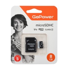 Карта памяти microSD GoPower 8GB Class10 15 МБ/сек V10 с адаптером GoPower 00-00025673