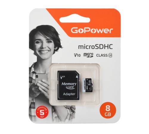 Карта памяти microSD GoPower 8GB Class10 15 МБ/сек V10 с адаптером GoPower 00-00025673 Карта памяти microSD GoPower 8GB Class10 15 МБ/сек V10 с адаптером GoPower 00-00025673