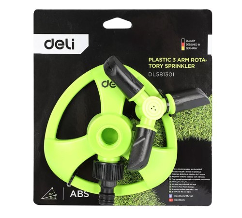 Дождеватель-разбрызгиватель круговой вращающийся 3-х сопловый Deli DL581301 2 режима распыления, площадь орошения до 310кв.м, диаметр шланга 3/4", корпус из ударопрочного пластика