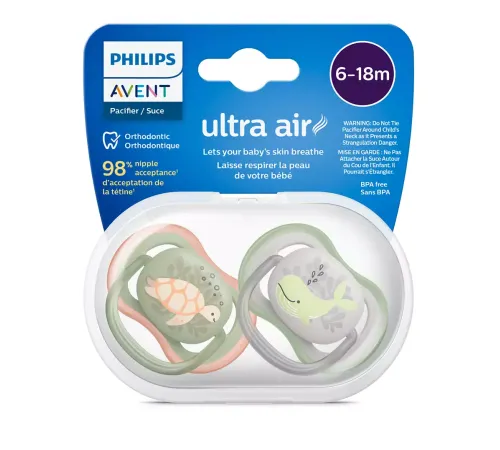 Пустышка ultra air, черепашка/кит, 6-18 мес., 2 шт. Philips Пустышка ultra air, черепашка/кит, 6-18 мес., 2 шт. (SCF085/60)